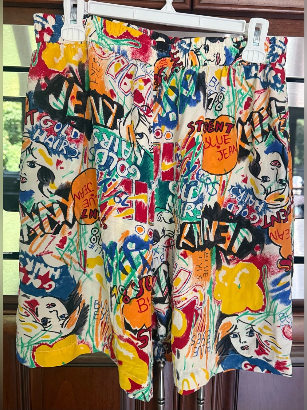 Silk Colorful Graffiti Print Elastic Waist Shorts. Vintage